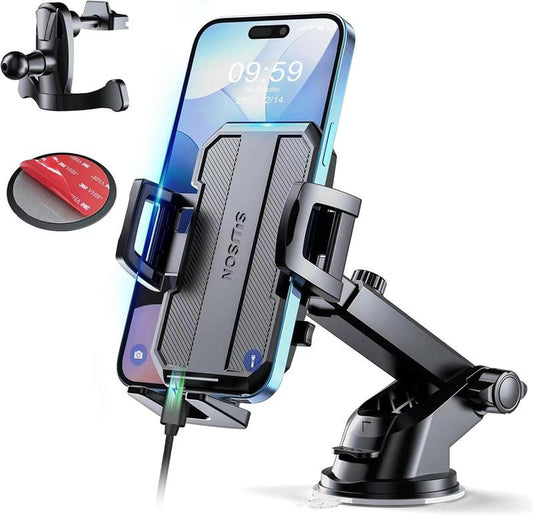 3-In-1 Car Phone Holder Mount - Phone Mount for Car Dashboard, Air Vent, and Wind Shield For All Iphone/Android Phones (Black)