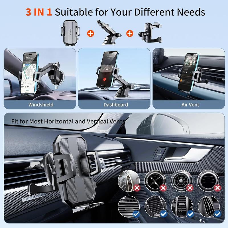 3-In-1 Car Phone Holder Mount - Phone Mount for Car Dashboard, Air Vent, and Wind Shield For All Iphone/Android Phones (Black)